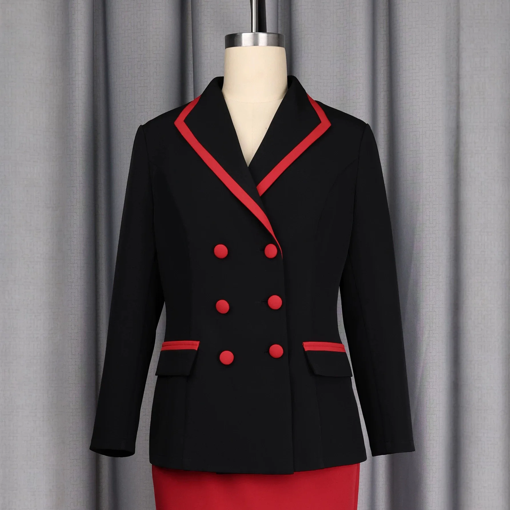 Plus-size Women's Color-block Suit Set: Black And Red Two-tone Double-breasted Blazer And Fixed Skirt Professional Outfit Lace