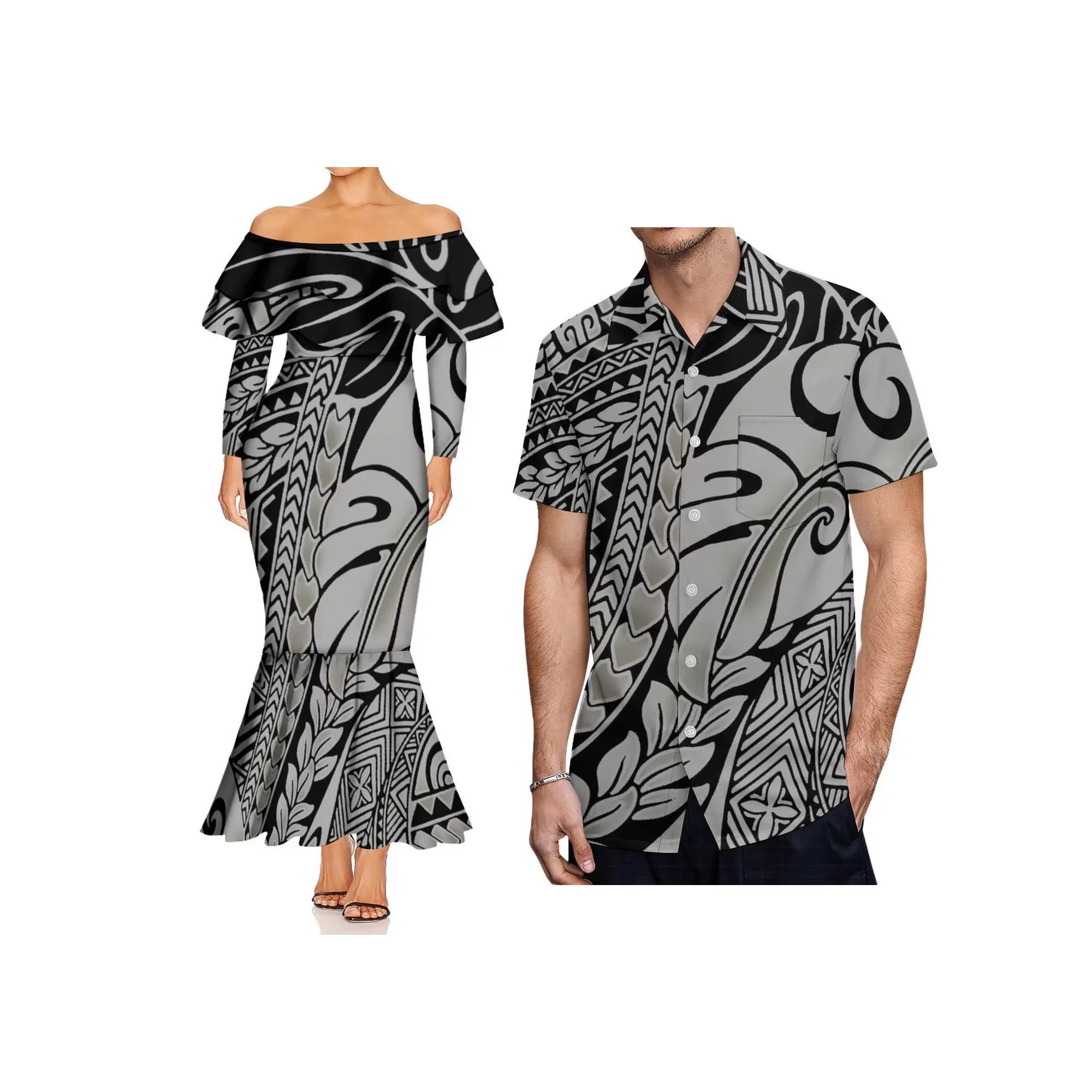 Hot Sale Custom Double Frill Mermaid Dress Polynesian Design off Shoulder Long Sleeve Bodycon Dress Lady Fishtail Evening Dress view 2