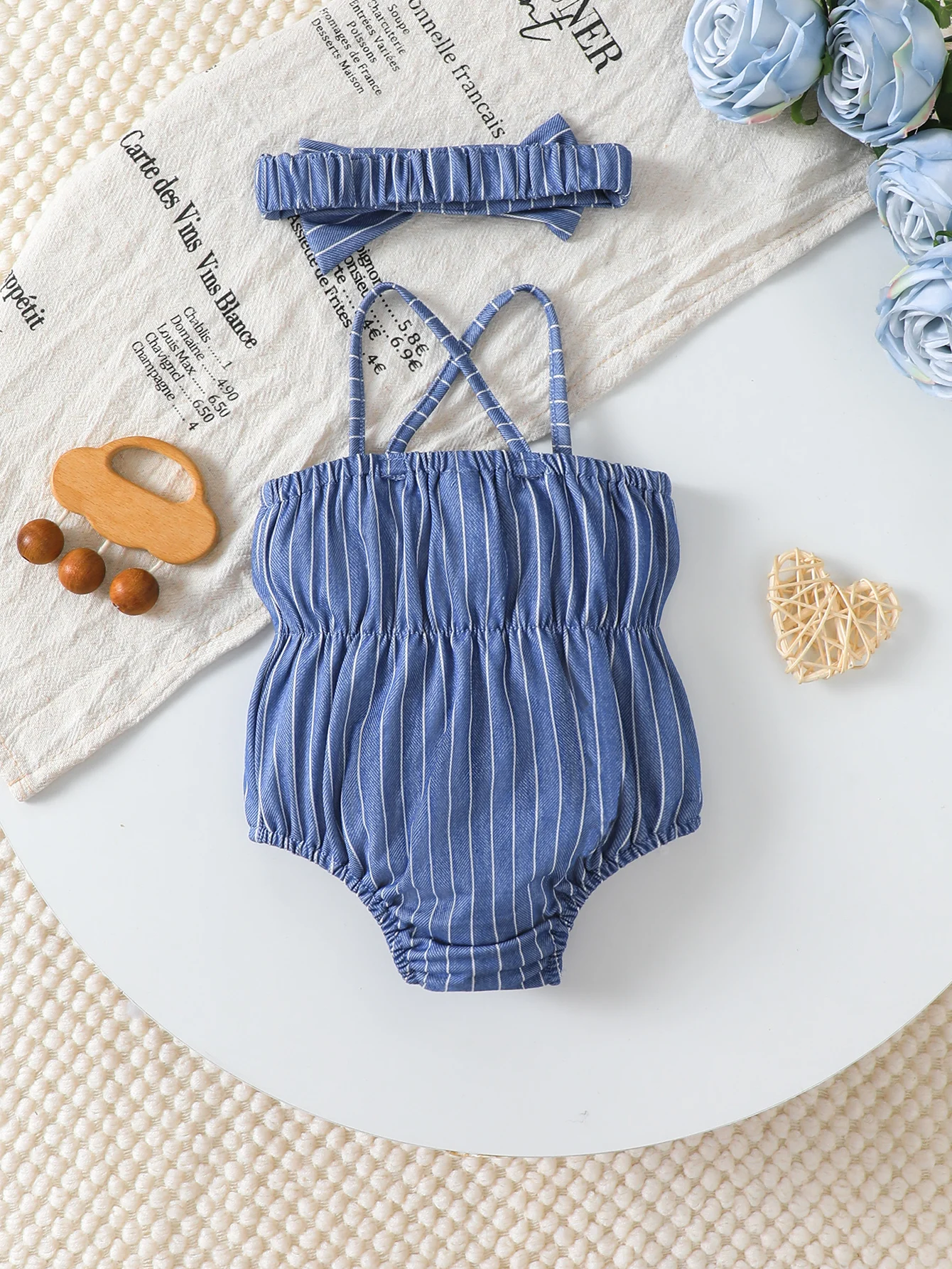 Baby girl blue and white striped camisole triangle dress, bow design paired with bow headband casual cute two-piece set