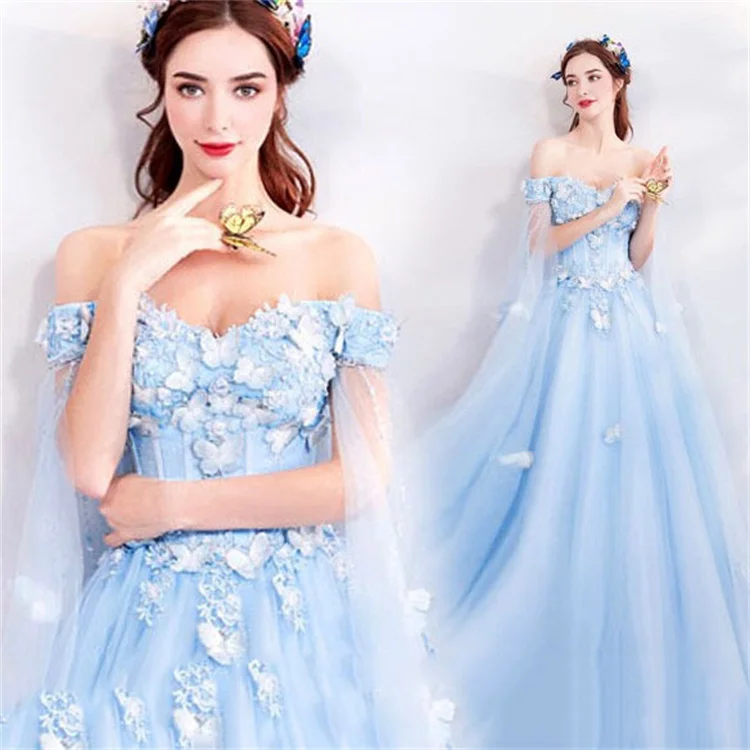 

2023 New Blue Fairy Colored Yarn Banquet Annual Meeting French Wedding Dress Evening Dress Small and Slim Fit