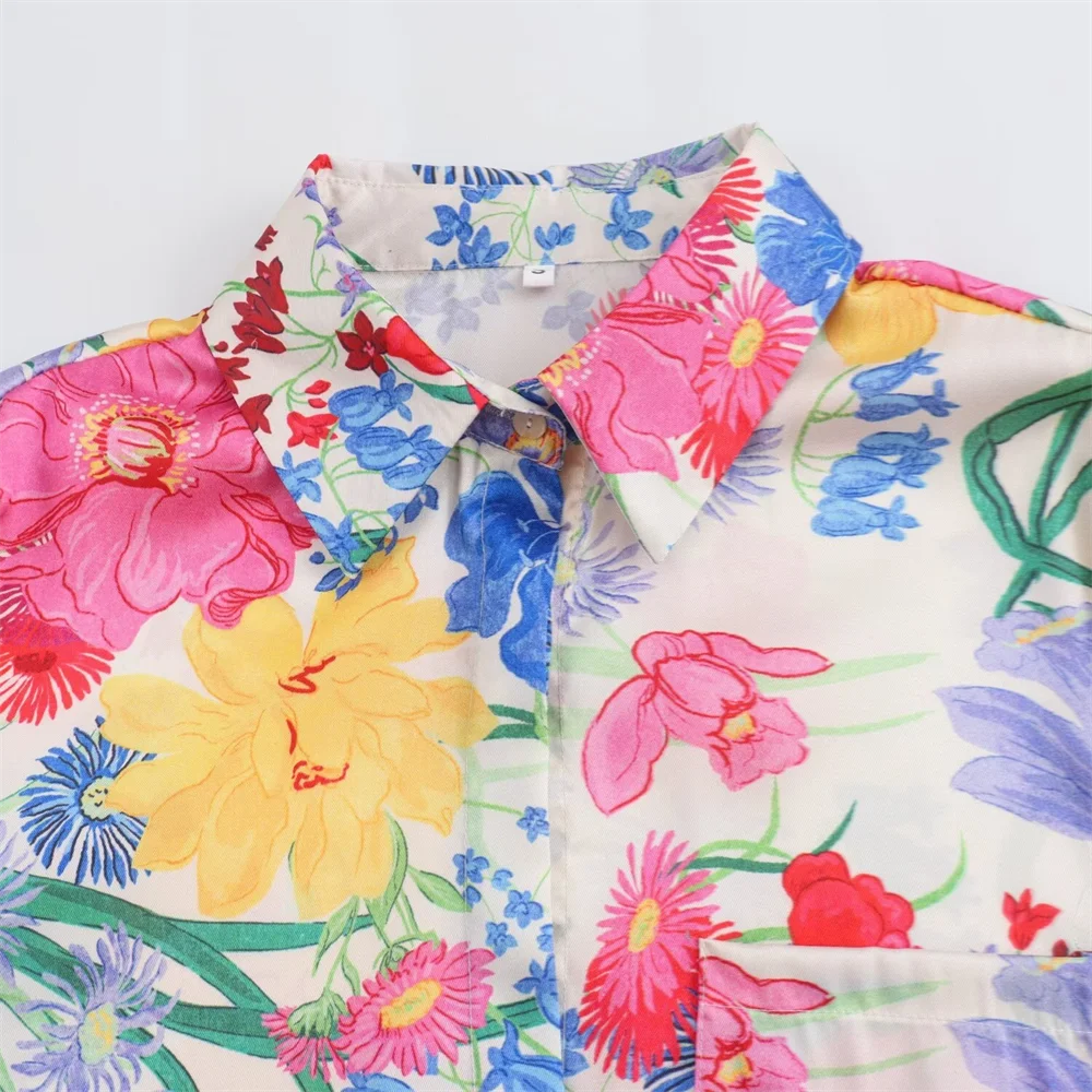 PB&ZA 2024 Summer New Women\'s Fashion temperament casual loose and versatile flower printed silk satin texture shirt
