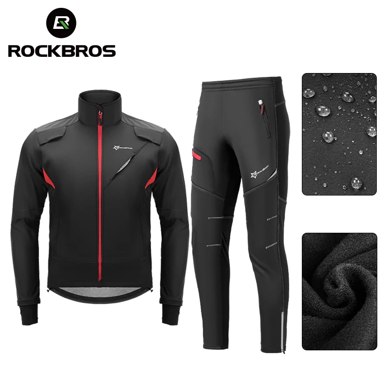 

ROCKBROS Cycling Clothing Set Winter Windproof Reflective Jersey Thermal Fleece Pants Rainproof Men Women Sportswear