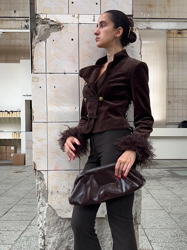 Vintage Brown Stand Collar Double Breasted Jacket Furry Cuff Trim Long Sleeve Slim Fit Outerwear Women Autumn Street Daily Wear