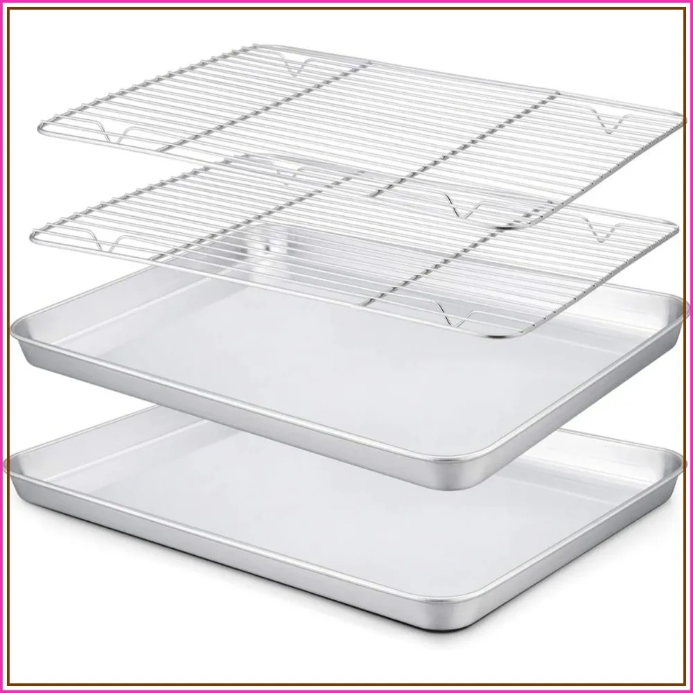 

10.5'' x 8'' x 1'' Toaster Oven Pan with Rack Set, Small Baking Tray & Cooling Rack, Stainless Steel, Dishwasher Safe, 4-Piece