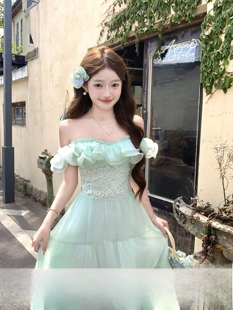 Acaine Summer Long Lace Waist Cinched Dress Women's Summer Dress Holiday Style Leaf  Print A-Line Skirt No Sleeve