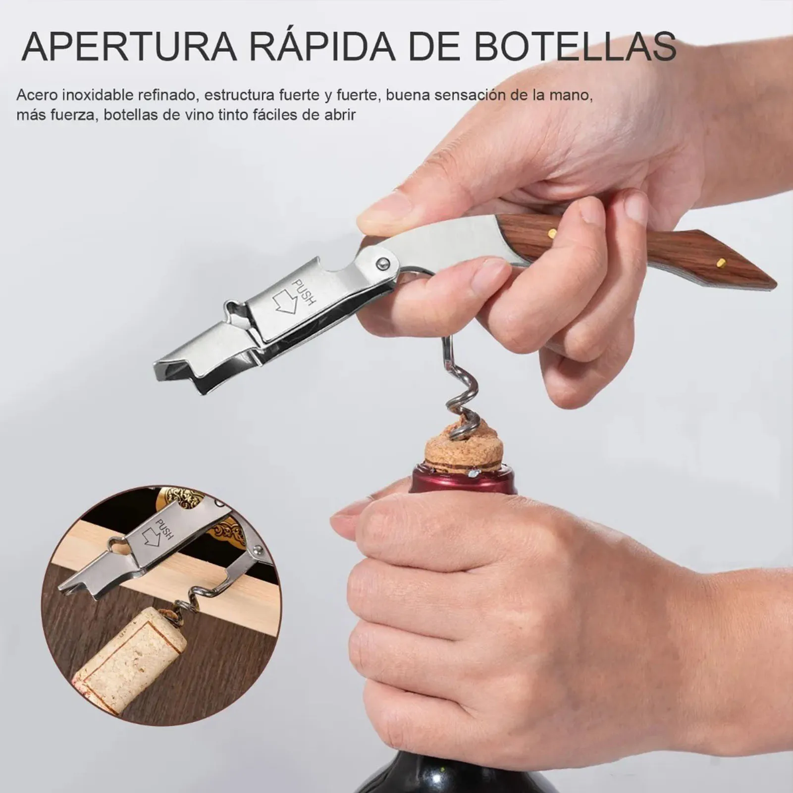 1 x Weinflaschenöffner und Korkenzieher aus Edelstahl und Holz, leicht zu greifendes tragbares Werkzeug für den Heimgebrauch, Korkenzieheröffner