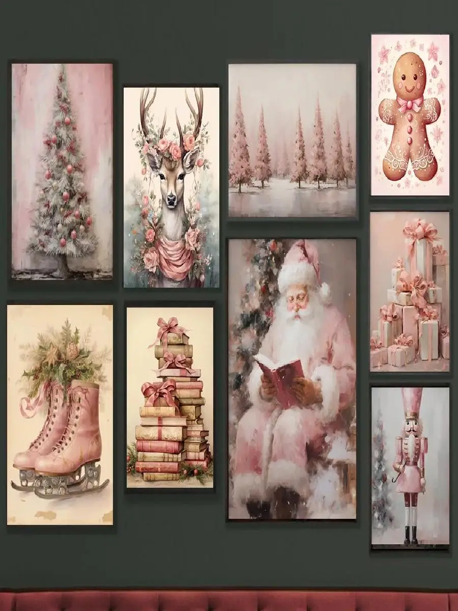 الوردي سانتا الرنة قماش طباعة عيد الميلاد جدار الفن لديكور المنزل الحديث غرفة المعيشة #2