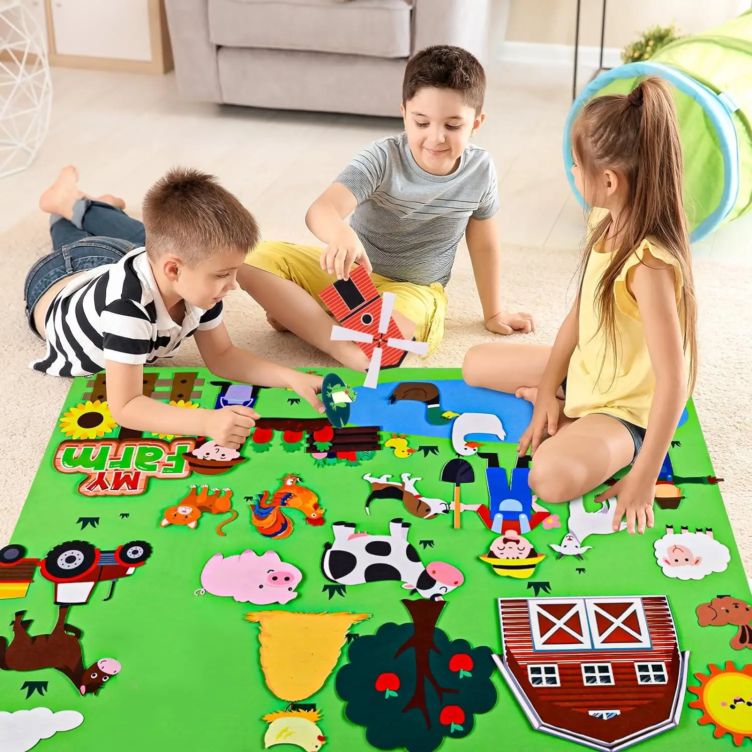 Farm Animals Felt Story Busy Board 4 IN 1 Themed Storytelling Farm Sea Zoo Vehicle Early Learning Interactive Wall Hanging Gifts