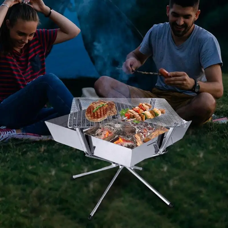 Portable Charcoal Grill Foldable Stove Stainless Steel Charcoal Burning Barbecue Stove Backyard BBQ Cooker Party Cooking Grill