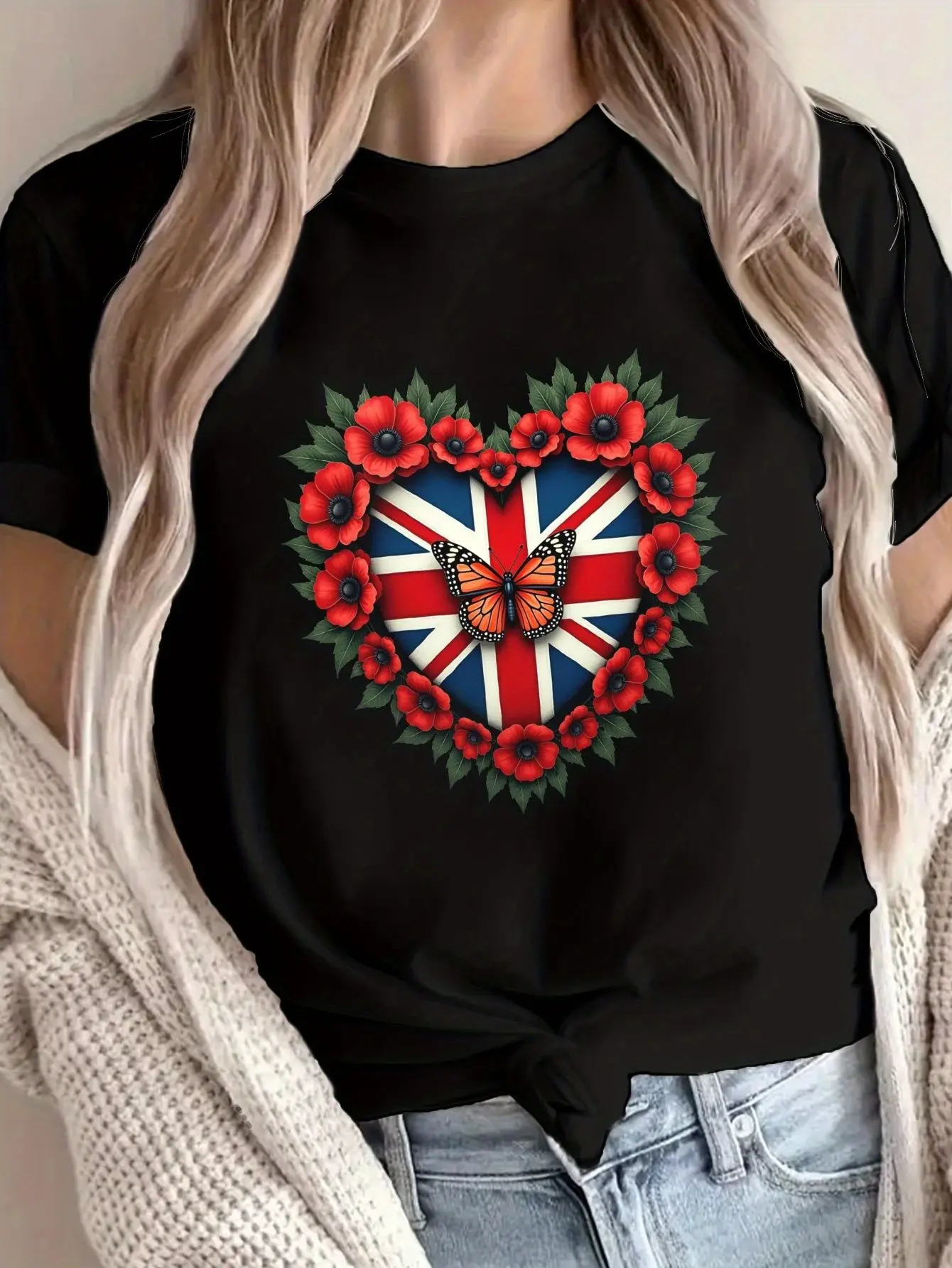 Heart with Union Jack and Poppies Print T-shirt, Short Sleeve Crew Neck Casual Top for Summer & Spring, Women's Clothing