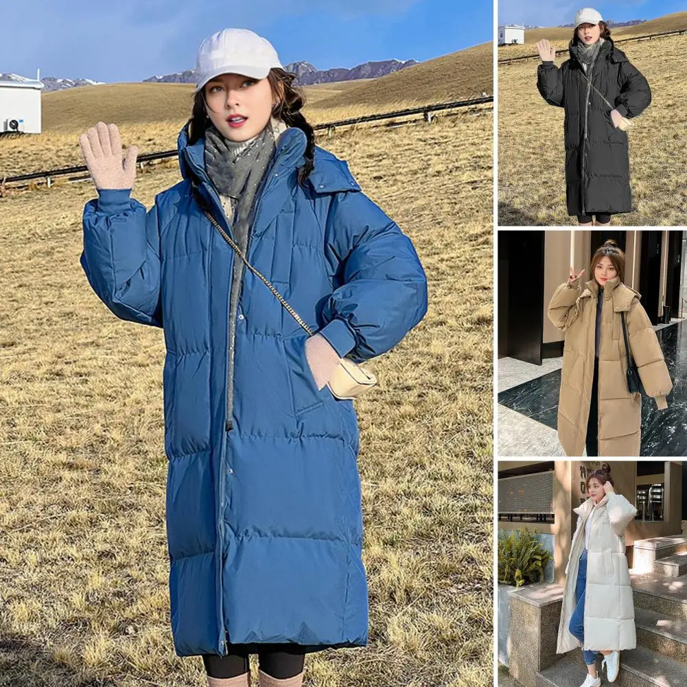 

Удлиненное утепленное пуховое пальто-пуховик для женщин, зима 2026, корейский свободный крой, до колен, с капюшоном, верхняя одежда