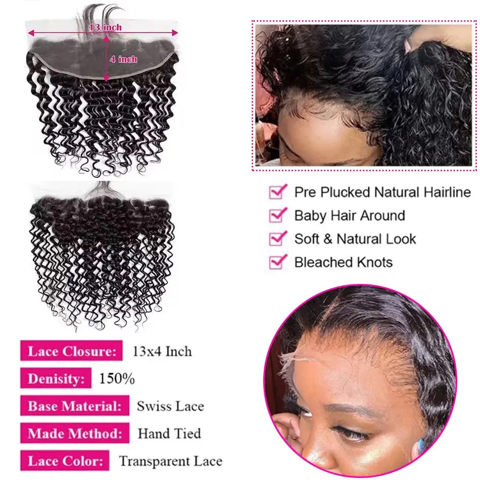 Pacotes de onda profunda brasileiros com fechamento para mulheres negras, cabelo humano virgem remy, 3 pacotes, fechamento de renda 13x4, cor natural