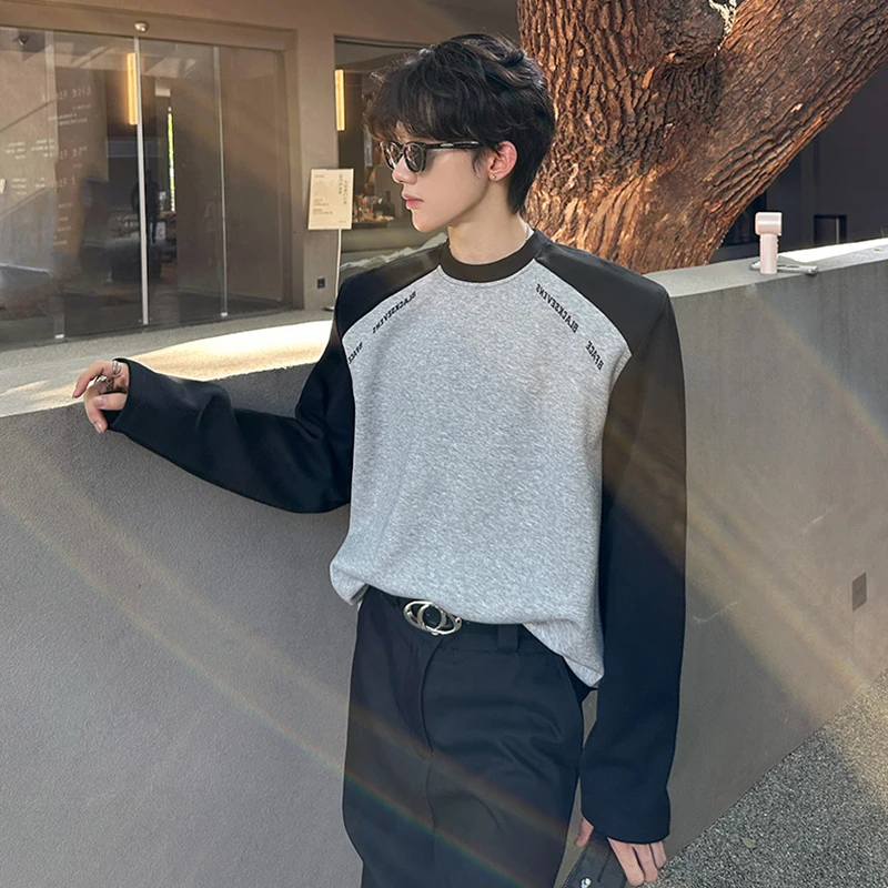 LUZHEN Round Original Handsome Color Neck Contrast Splicing Design T-shirt Men's 2025 Autumn Stylish Shoulder Pad Clothes JY6069