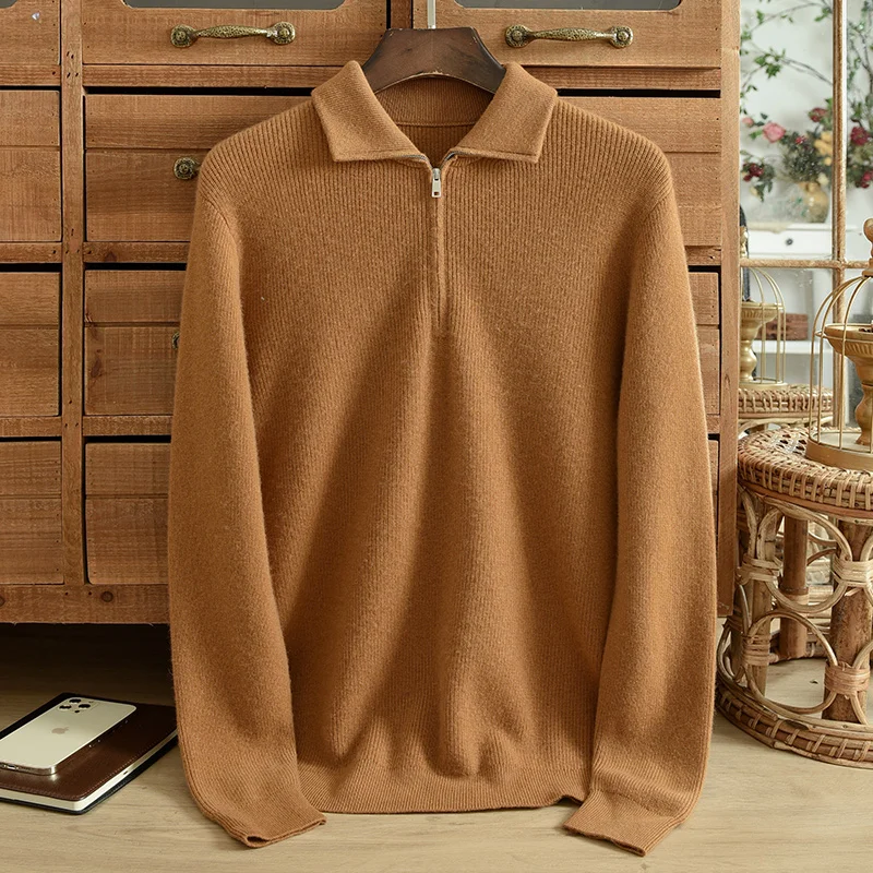 Pure Cashmere Sweater Men's High Neck Zipper Pullover Solid Color Knitted Polo Collar Winter Thickened Warm Large Sweater