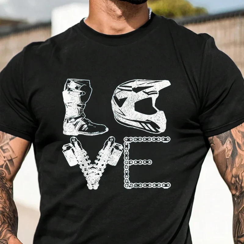 

Chain & Helmet Design Motorcycle Men's Fashionable Printed T-Shirt Short Sleeve Exquisite Design Essential T Shirt