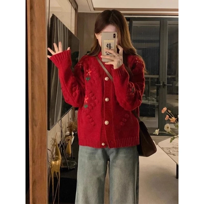 

Extra Large 300 Pou New Year Cisas Red Knitted Sweater Cardigan Men's Loose Fit Winter Faion Casual round Ne Top