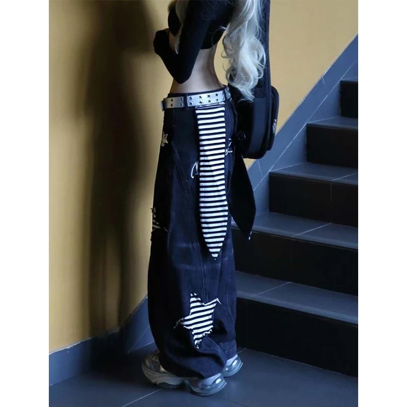 Women Black Baggy Cargo Jeans Harajuku Y2k 90s Aesthetic High Waist Denim Trouser 2000s Oversize Jean Pants Vintage Clothes