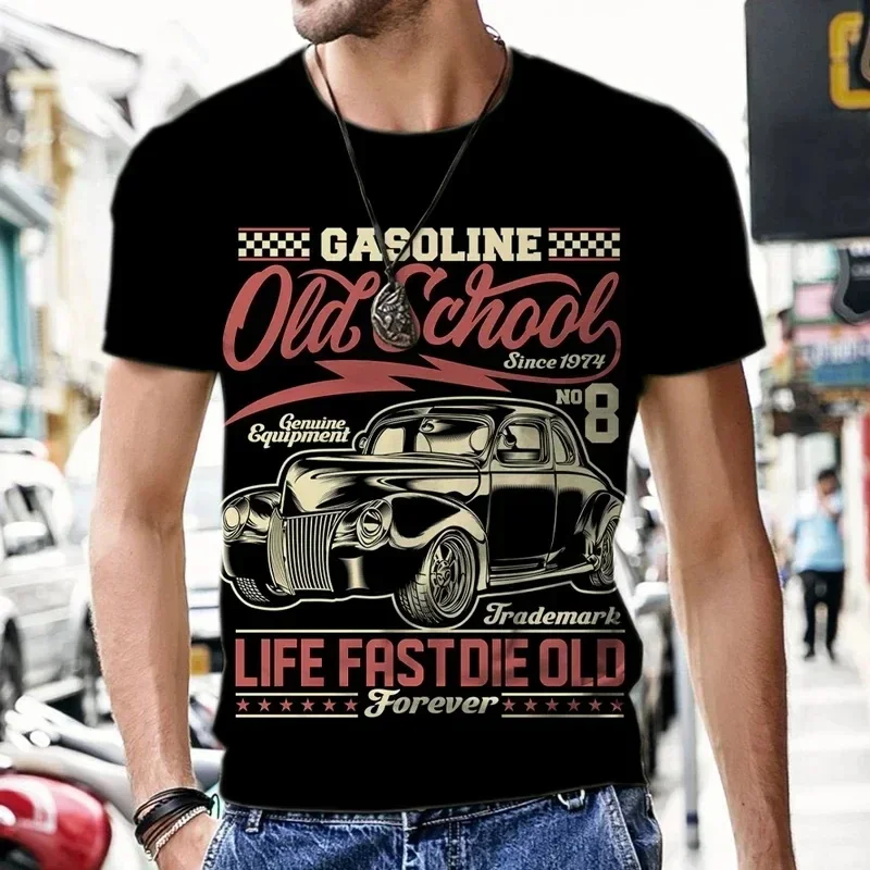 Fashionable Vintage Car Pictures For Men\'s T-Shirts Trend Digital Printing Casual Round Neck Short Sleeved