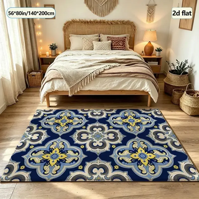 Blue Yellow Moroccan Tile Pattern Carpet Flooring Bohemian Square Area Rug Anti-Slip Decorative Floor Mat for Home