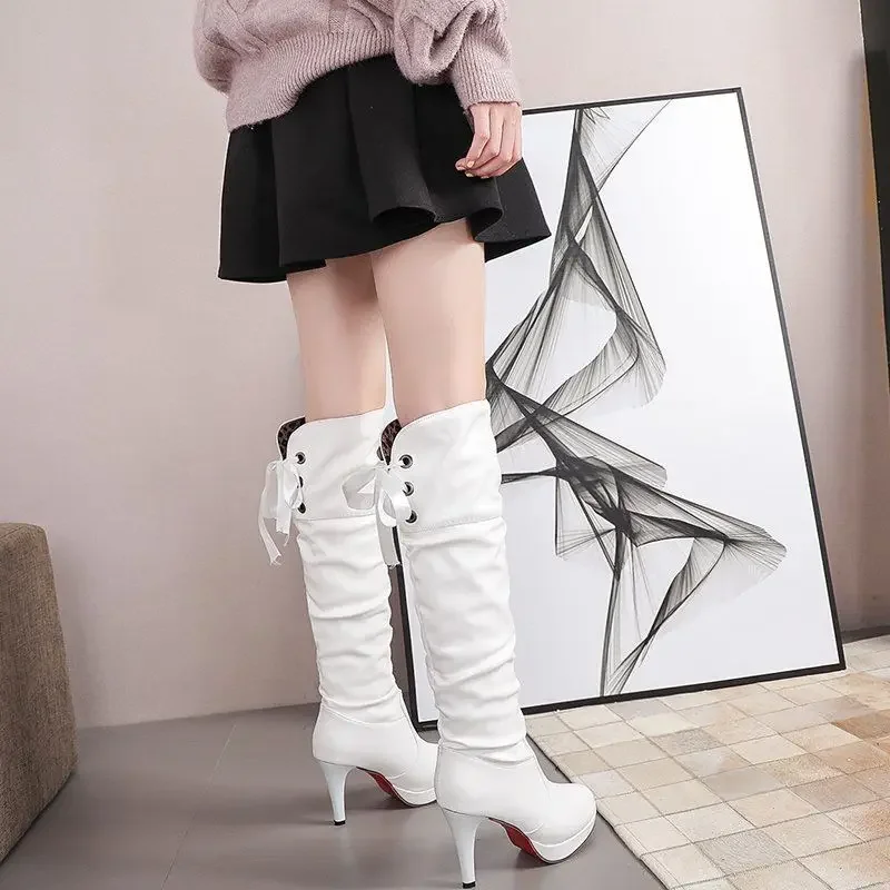 

New Spring Autumn Slimming Women Over The Knee High Heels Lace Up Boots 10cm Height Boost Solid Color Minimalist Platform Sole