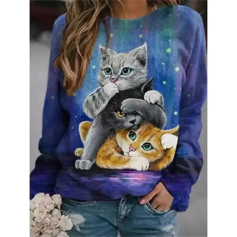 Sweat-shirt décontracté à col rond pour femme, sweat à capuche polyvalent, impression de chat 3D, mignon, petit, frais, vêtements de maison,