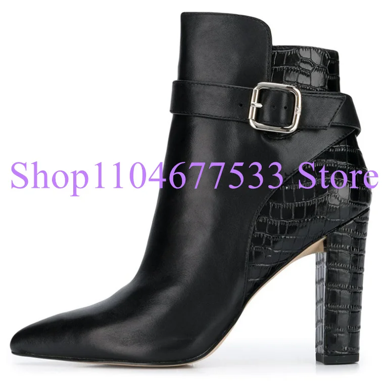Black Leather Chunky Heel Lady Ankle Boots Sexy Snakeskin Leather Buckle Strap Woman Short Boots Large Size Dress Party Shoes