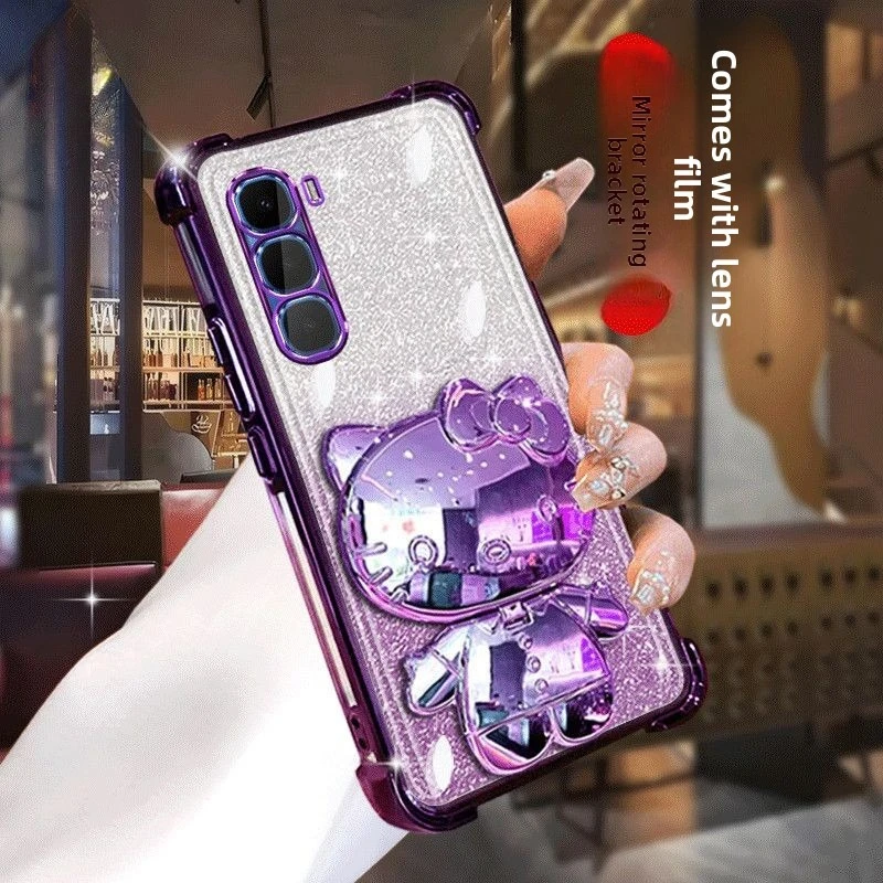 

Glitter Mirror Hello Kitty Stand Phone Case for INFINIX HOT 70 60 50 40 Pro Plus 60I 50I 40I 4G 5G Four Corner Protect TPU Cover