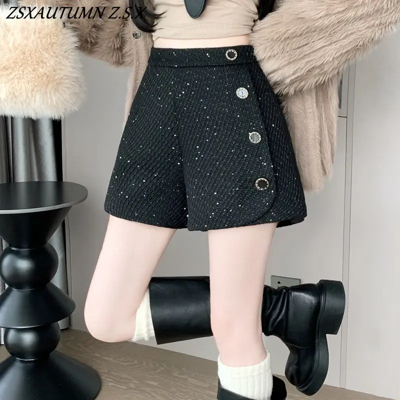 Black Sequined Wide-leg Shorts Women A-line Leggings Boot-pants Winter 2024 Korean Fashion Female High-waisted Pants All-match