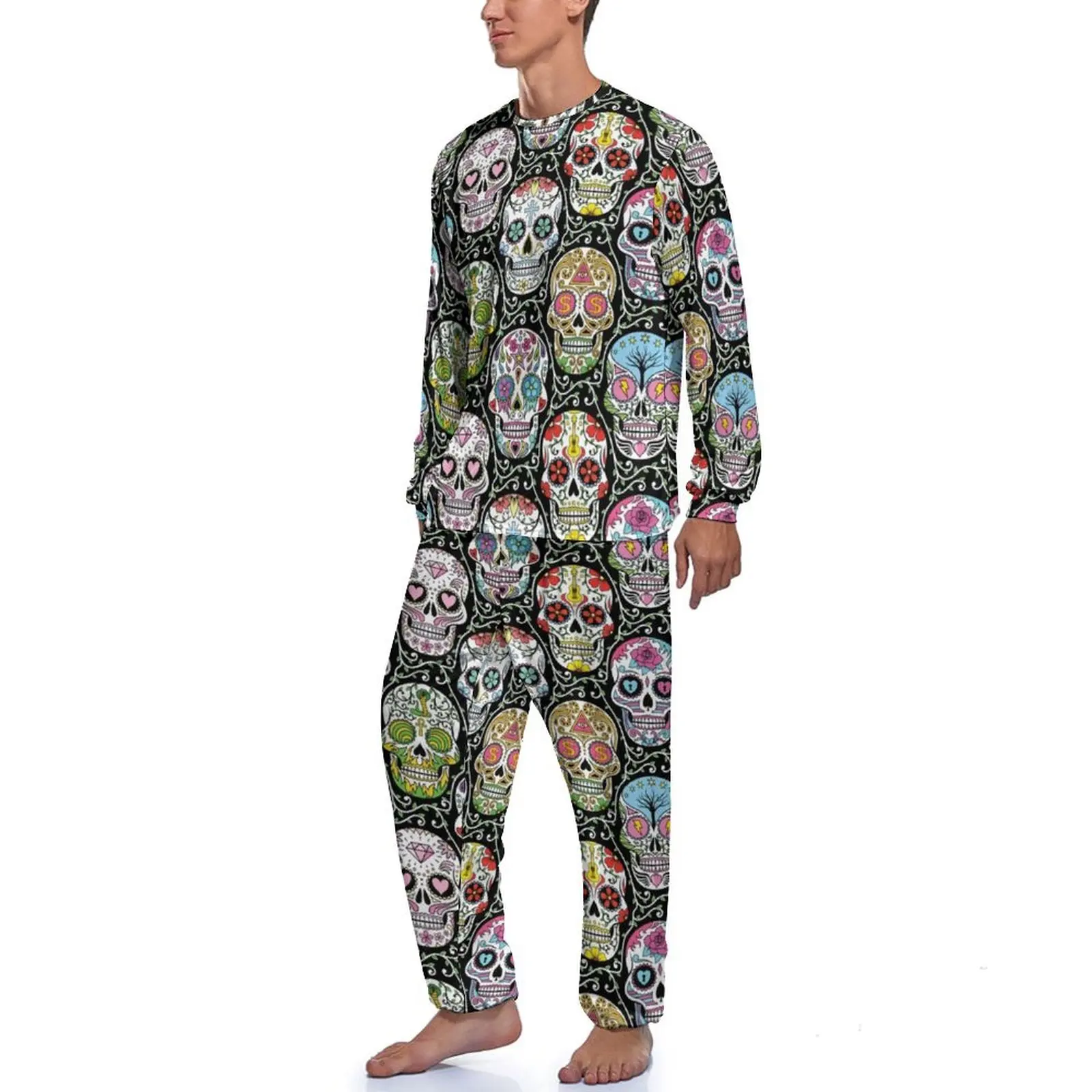 Colorful Skeleton Pajamas Spring Mexican Sugar Skull Bedroom Nightwear Male 2 Piece Custom Long Sleeves Retro Pajama Sets