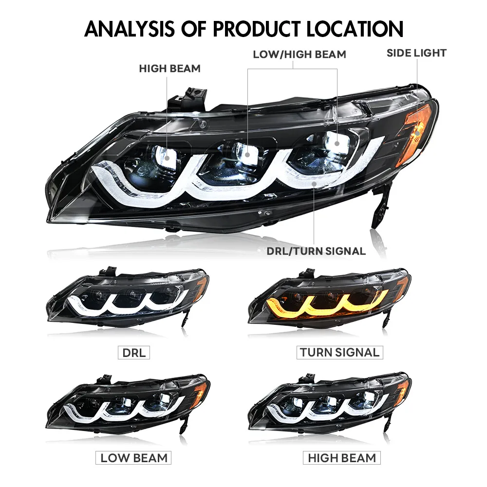 1 زوج جهاز عرض (بروجكتور) ليد المصابيح الأمامية صالح هوندا سيفيك سيدان 2006-2011 الجبهة رئيس مصابيح DRL كشافات الملحقات #3