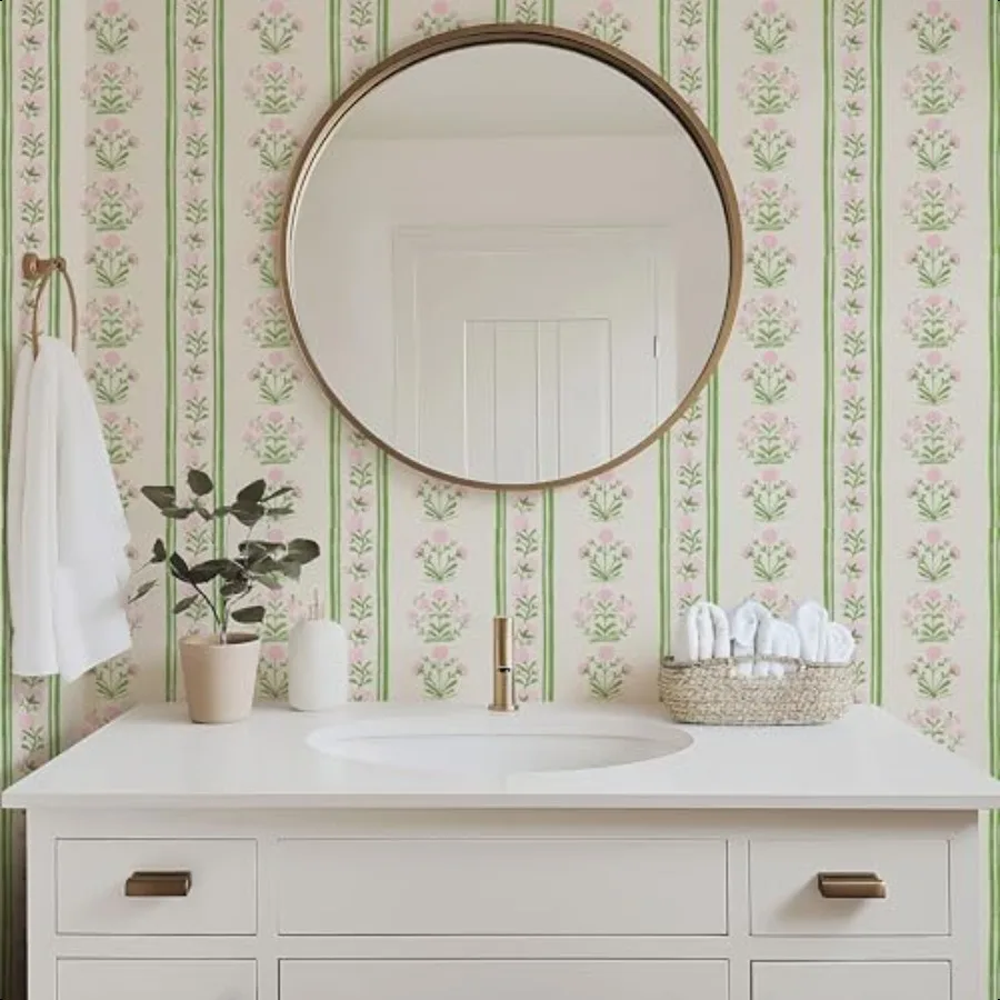 

Обои в зеленую полоску с розовым цветочным принтом, дружелюбные обои в стиле фермерского дома, милые и химерные St
