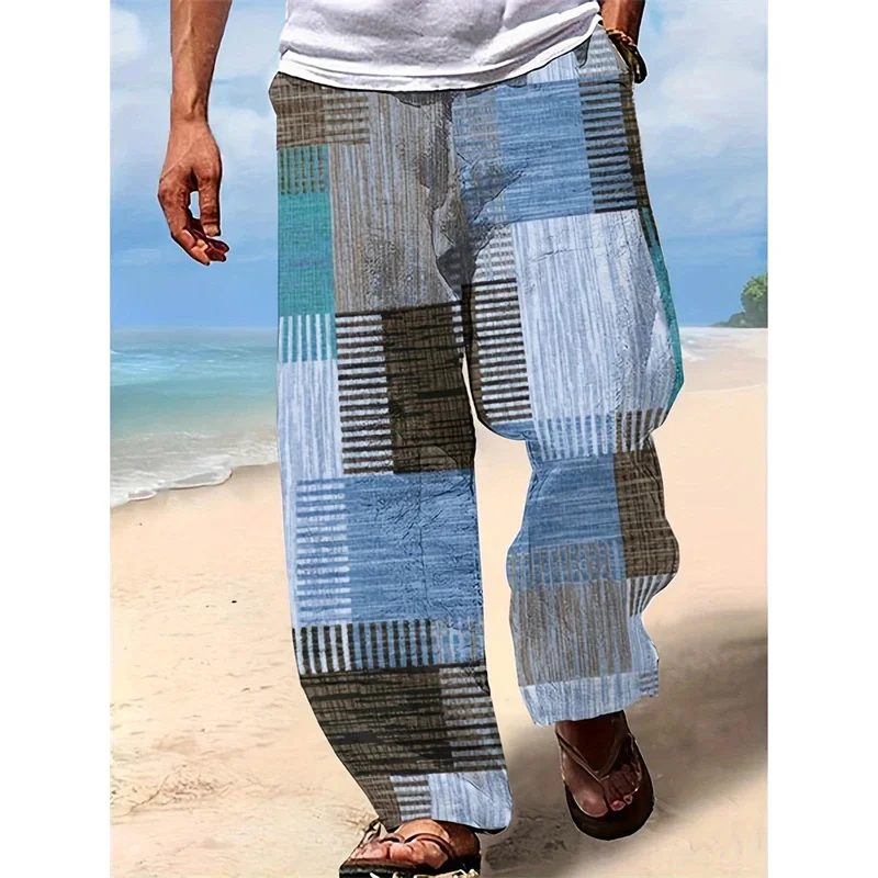 2025 Summer New Men's Casual Pants 3D Retro Shabby Print Beach Pants 100% Polyester Fiber Lightweight Stretch Cord Sweatpants