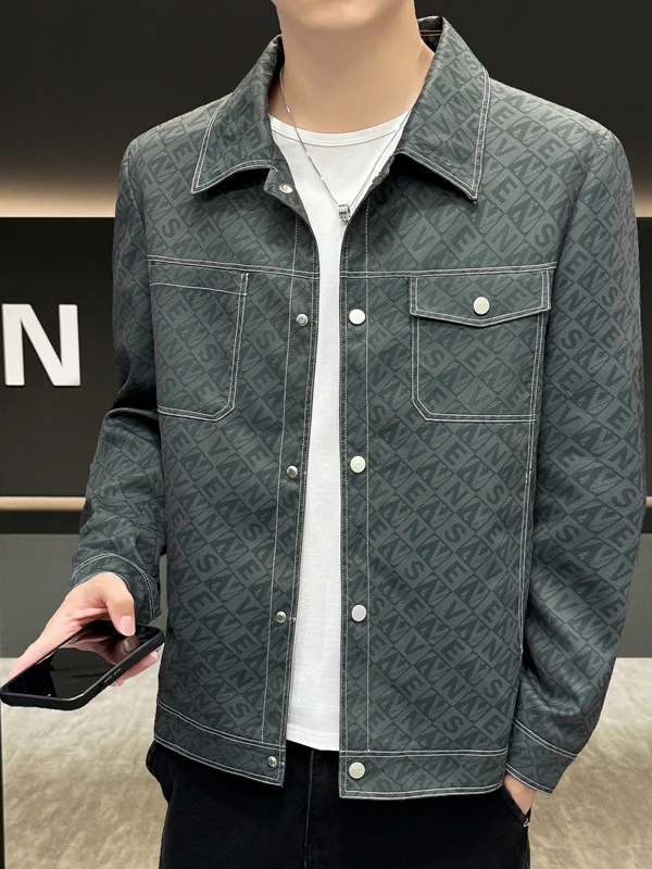 

Мужская приталенная куртка с воротником-стойкой, тонкая, с принтом, осенняя, модная, молодежная верхняя одежда, элегантная, с пуговицами, удлиненная