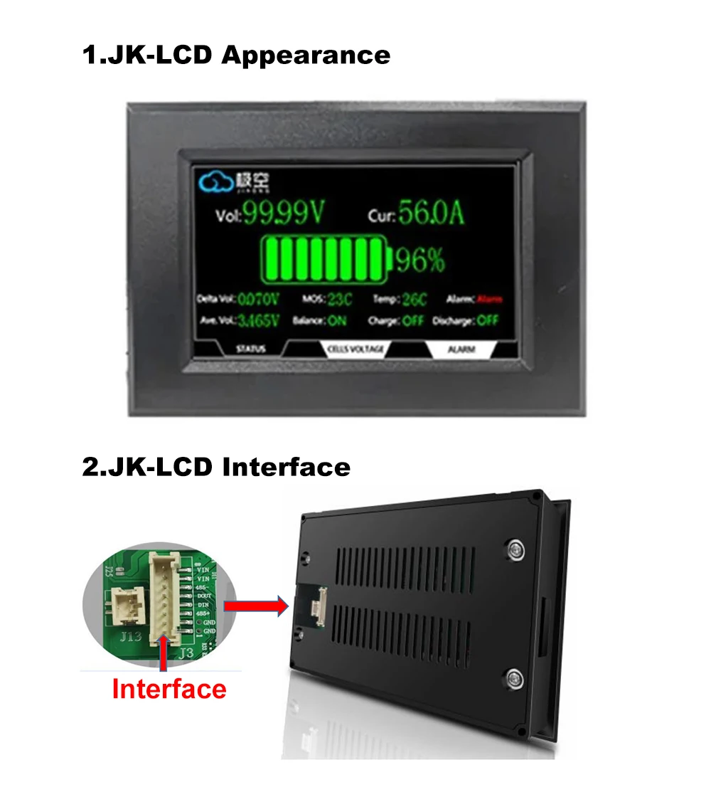 JKBMS accessory 4.3 inch LCD display suitable for all JK BMS models Cable120cm with 4 fixed screws Intelligent JKBMS accessory