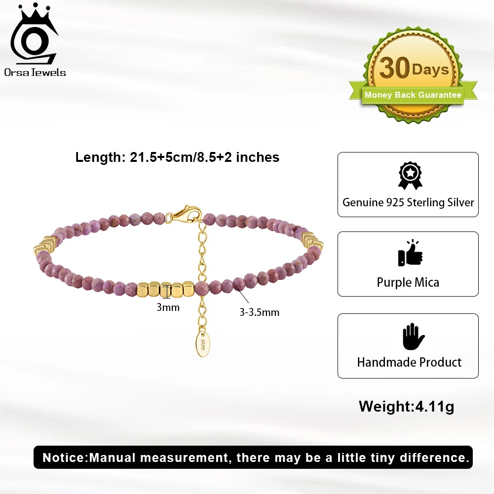 ORSA JEWELS Elegant 925 Sterling Silver Purple Mica Anklet with Gold plated block for Women Summer Beach Foot Chain Jewelry SA89