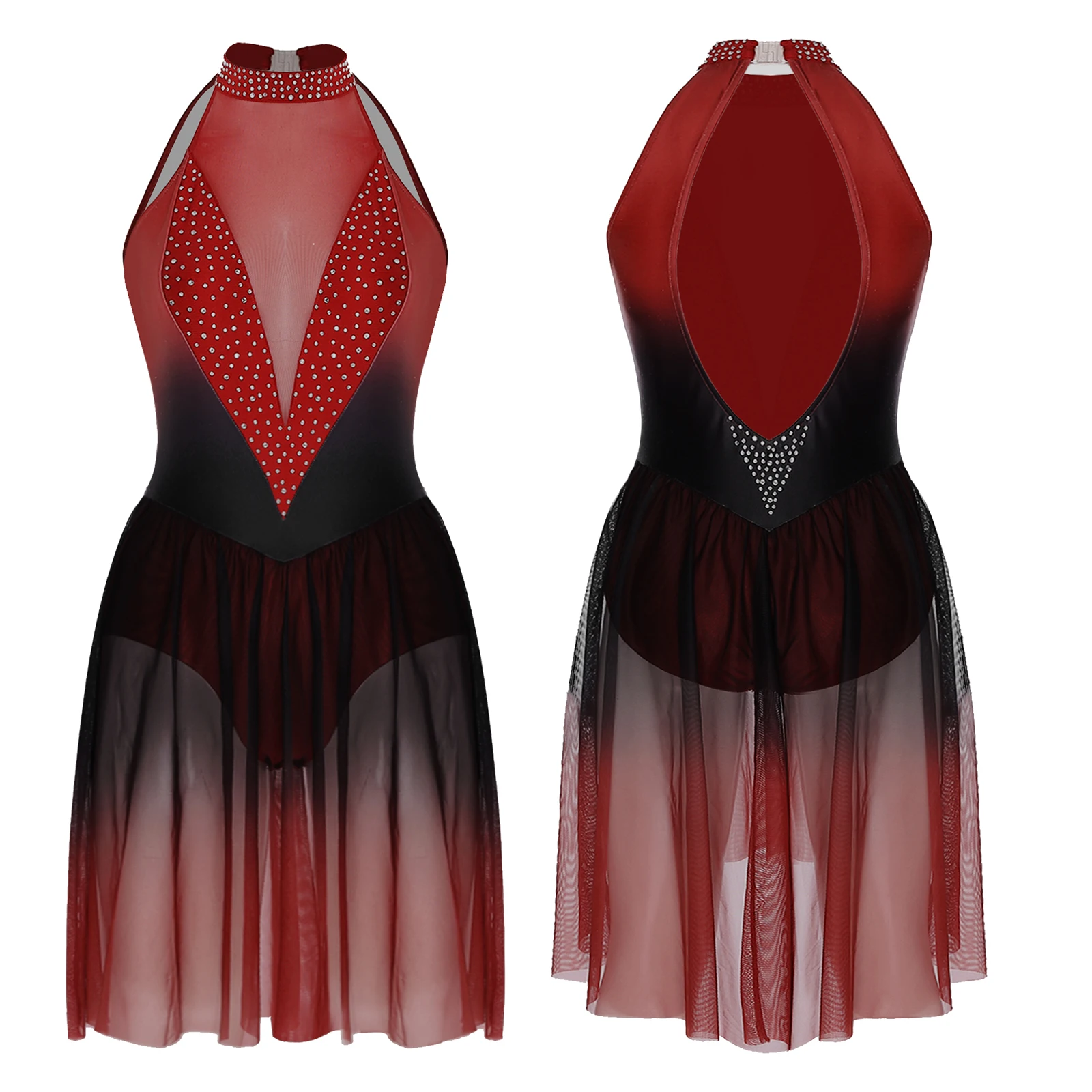 

Gradient Color Women Lyrical Dresses Halter Sleeveless Rhinestones Mesh Dress for Modern Skating Dance Performance Gymnastics