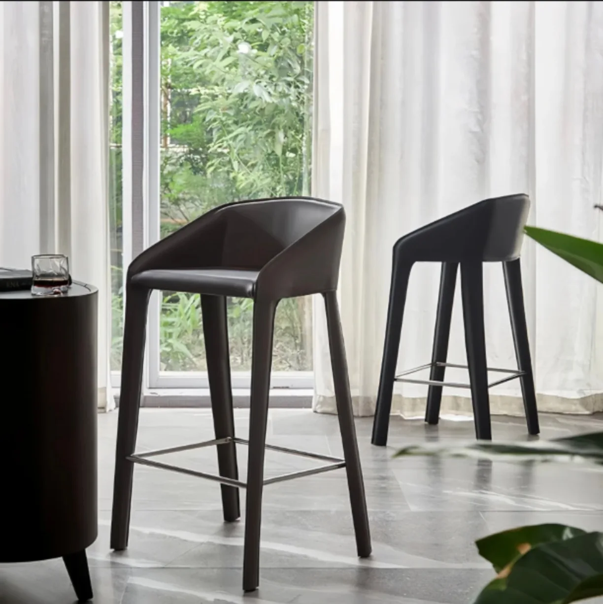 HYS Light Luxury Saddle Leather Bar Chair Island Chair Modern Simple Stainless Steel Bar Chair Cafe Bar Front Desk Cashier