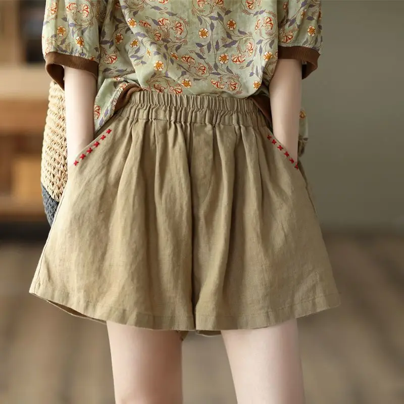 

Women Summer Simplicity Loose Elegant Cotton and Linen Solid Color High Waist Wide Leg Ladies Casual All-match Trend Shorts