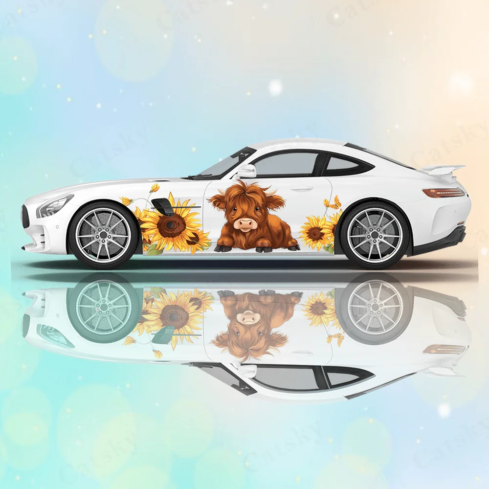 2PCS Brown Highland Cattle decal car sticker full body floral decoration covering scratches protective car sticker waterproof ca