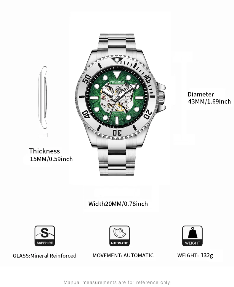 Reloj mecánico automático TEVISE para hombre, reloj esqueleto resistente al agua de acero inoxidable, reloj de pulsera luminoso, reloj de negocios a la moda