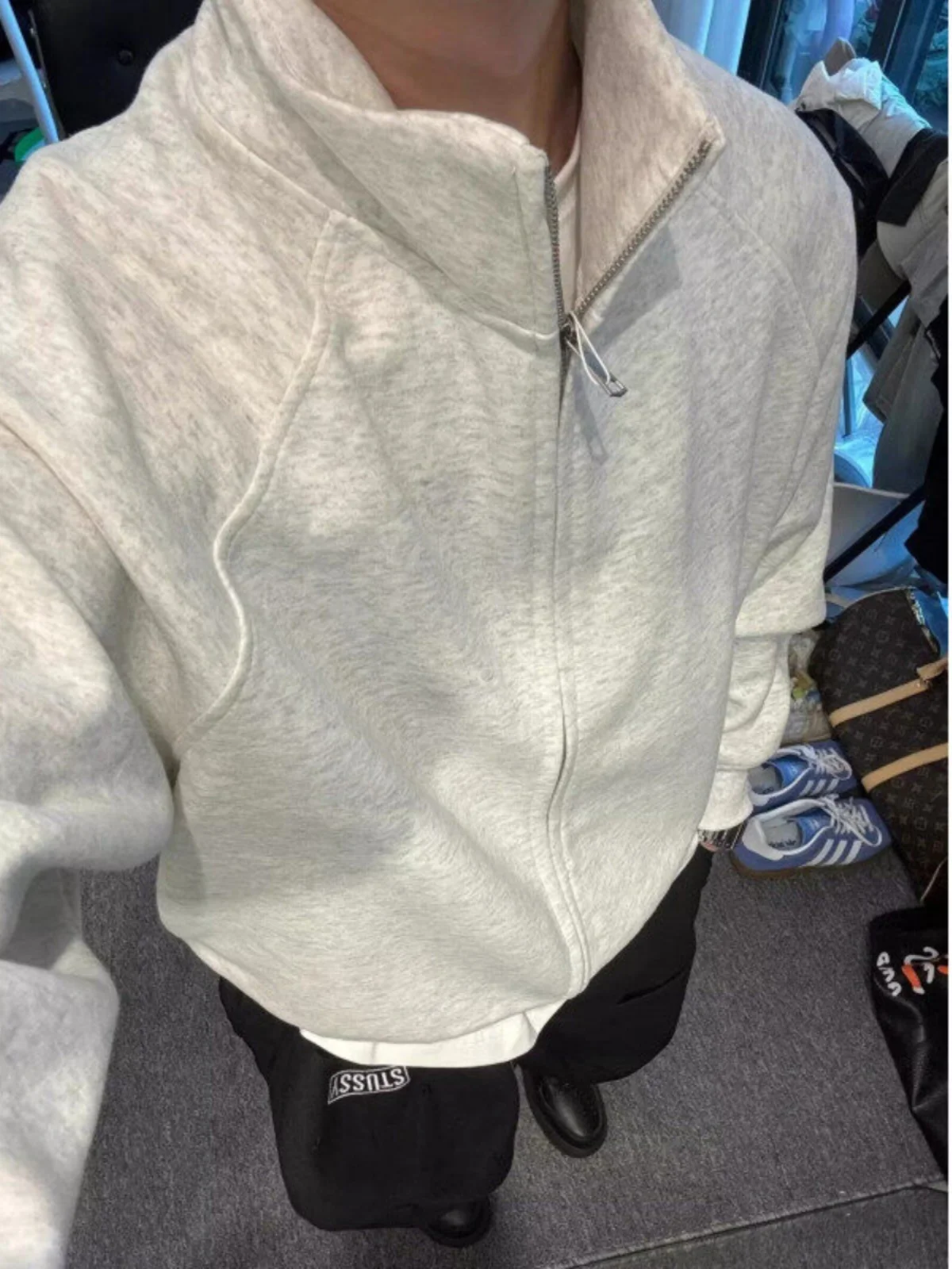 

Мужская толстовка Cleanfit на молнии, бело-серая, укороченная, в американском стиле, плотная, свободного кроя, из полиэстера, весна-лето