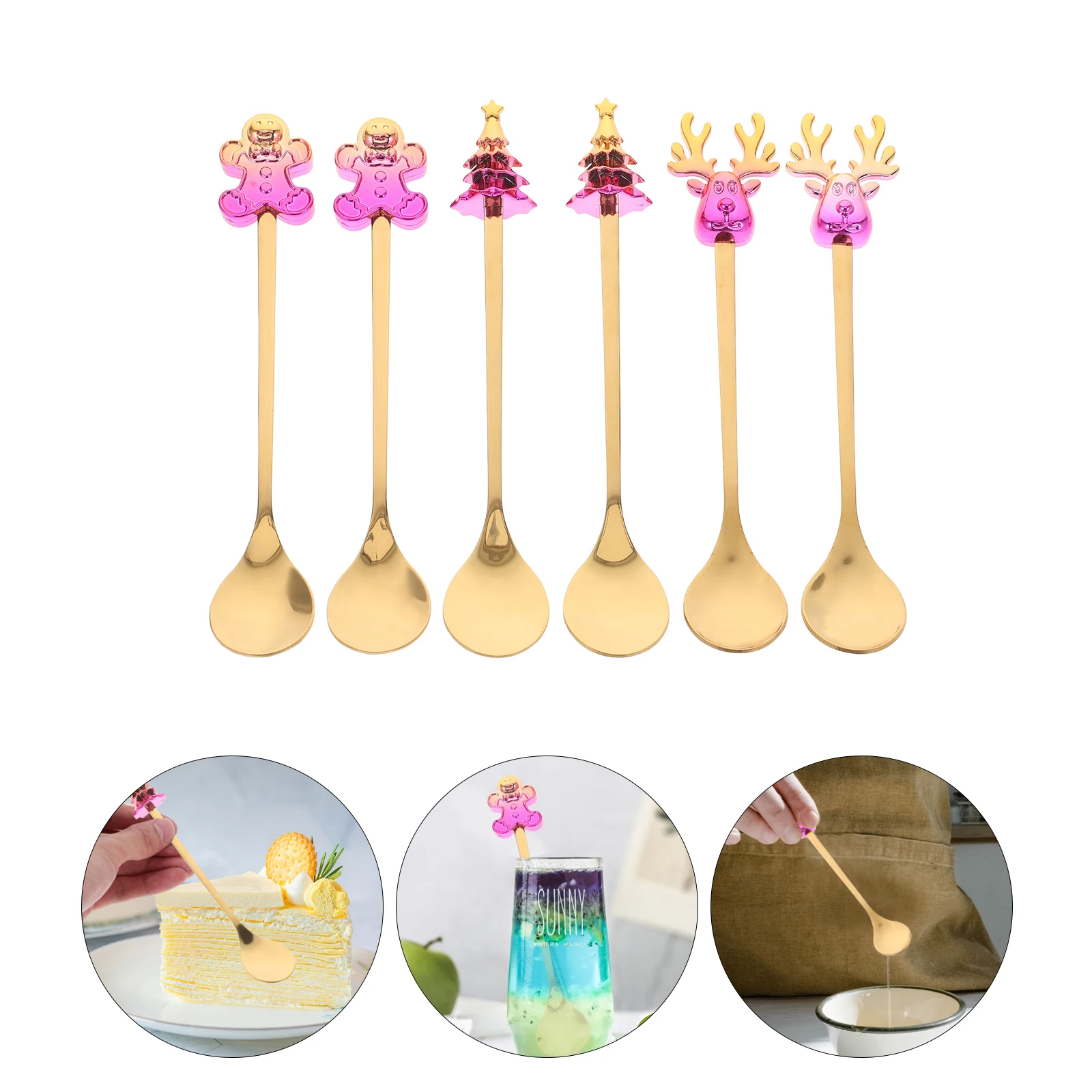 

6pcs Golden Chocolate Coffee Dessert Spoons Stainless Steel Cute Set for Christmas Gift Sweet Treats Tableware