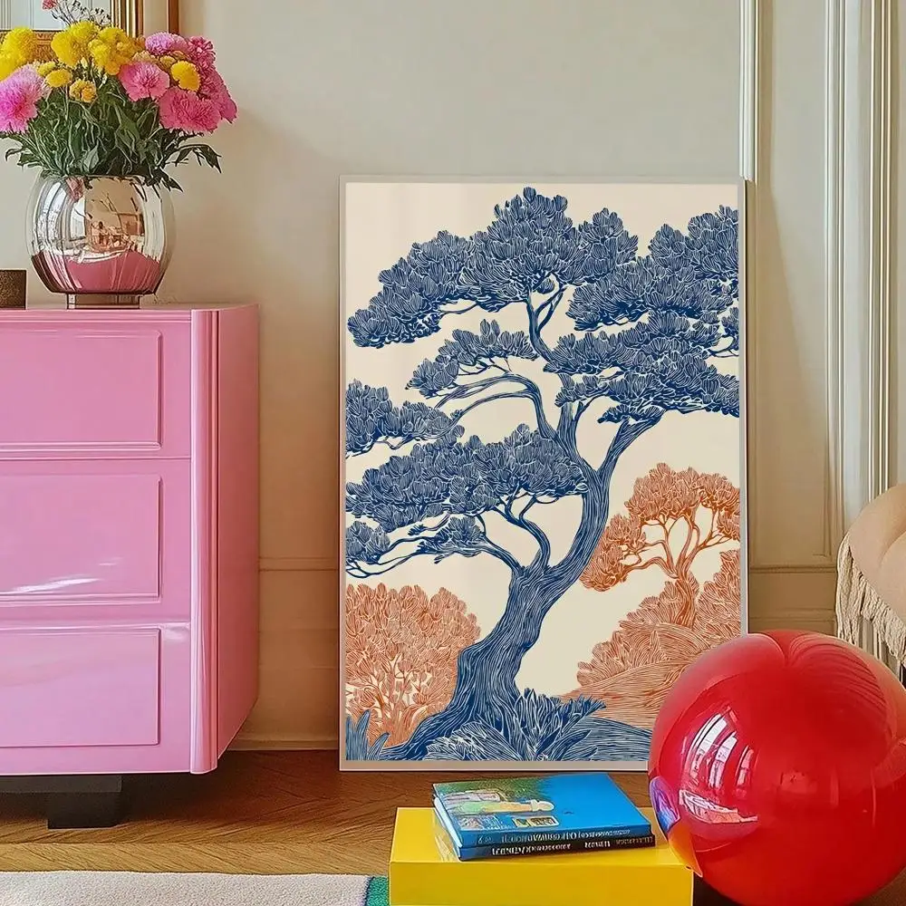 Oak Tree Canvas Poster Vintage Linocut Forest Landscape Blue Woodland Botanical Home Decor Gift Painting Calligraphy