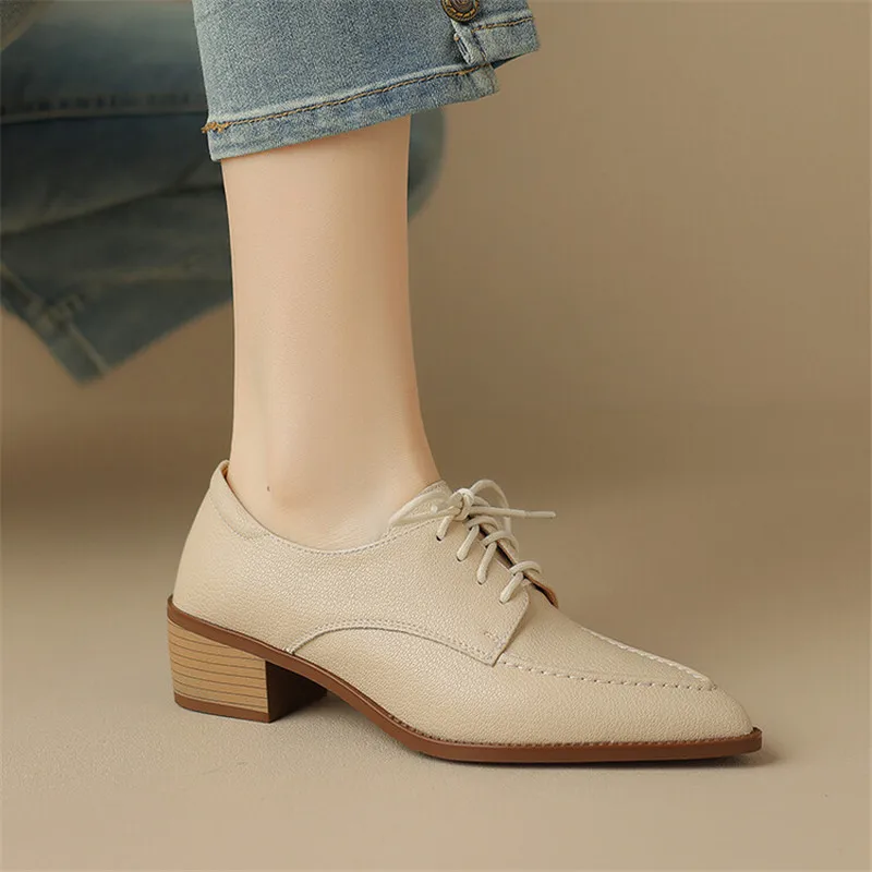 New Spring Autumn Sheep Leather Lace Women Loafers Pointed Toe Chunky Heel Shoes for Women Comfort Women Pumps Zaptos Mujer