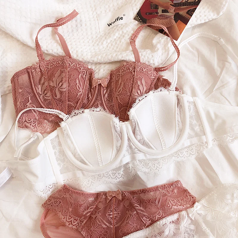 2 Pieces Women Lingerie Set Sexy Lace Embroidery Bra Set Summer Thin Cup Lavender Push Up Brassiere Anti-slip Strap Underwear