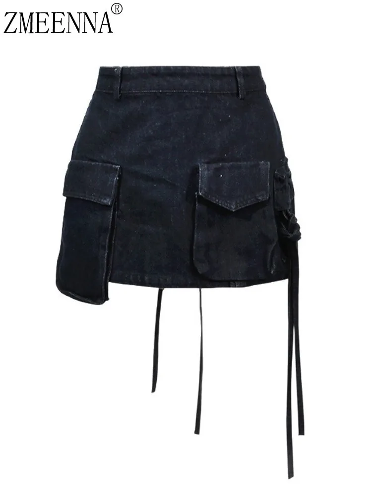 

ZMEENNA Black Denim Cargo Mini Skirt For Women Stylish Asymmetric Hem With Pockets Tie Detail Perfect Casual ZM3584