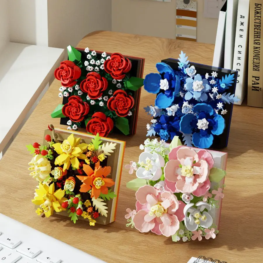 

4 Set MOC Flower Display Rack Micro Building Block Succulent Mini 3D Diamond Model Brick Toy for Children Desk Decoration Gifts
