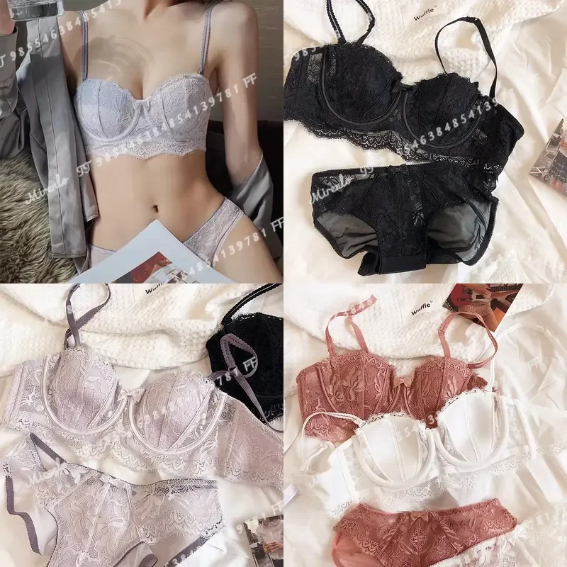 Sexy French Lace Embroidery Lingerie Set Women 1/2 Thin Cup Push Up Bra Detachable Strap Anti-slip Lavender Brassiere and