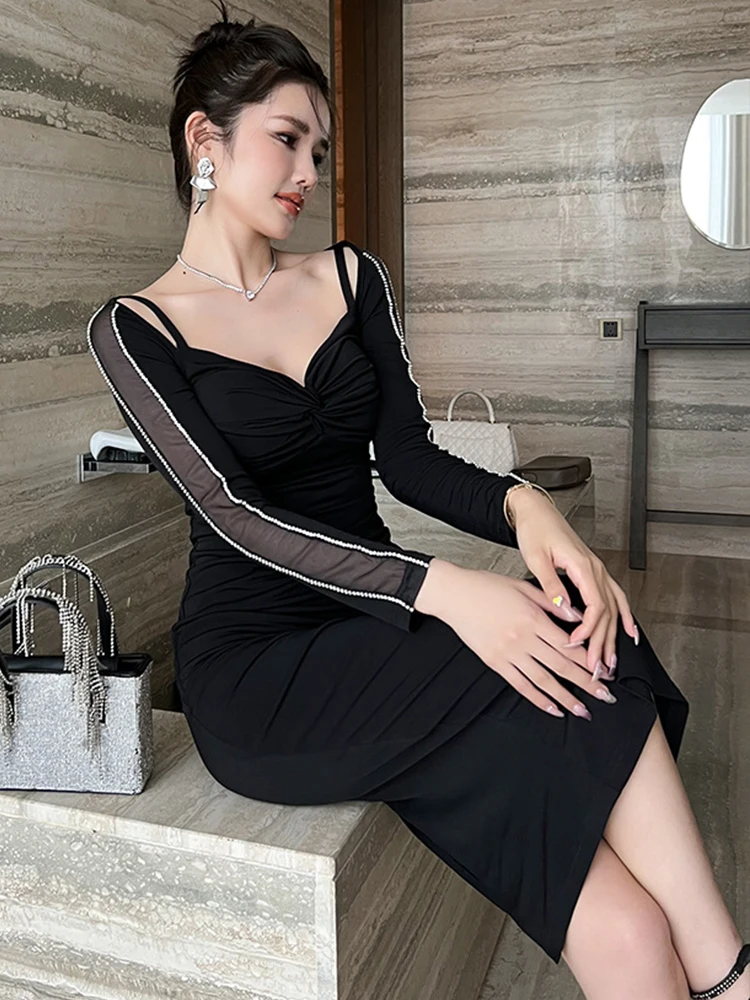 แฟชั่นผู้หญิงชุดราตรีสีดําเซ็กซี่ตัดปิดไหล่พับ Slit Midi Party วันเกิดพรหม Robe Femme Mujer vestidos fiesta