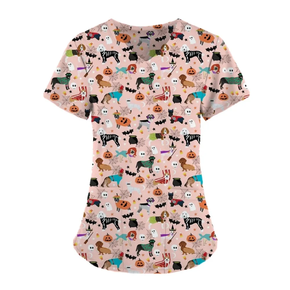 Medical Uniform Woman Cute Animal Print Veterinary Nurse Tops Fashion V-Neck Short Sleeve with Pockets Clinical Uniform Woman